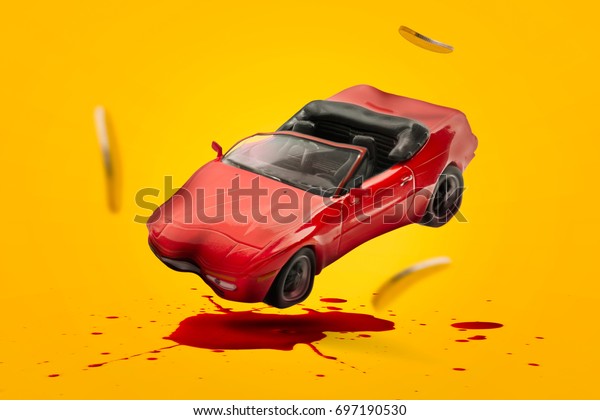 Car accident with damage blood splash and gold
coins falling down and explosion scene. Car crash, insurance, lose
money, Safety, Emergency, Installment payment, Transport and
Traffic accident Concept.