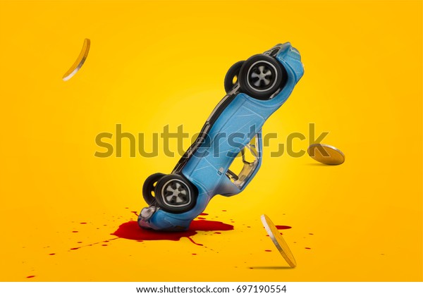 Car accident with damage blood splash and gold
coins falling down and explosion scene. Car crash, insurance, lose
money, Safety, Emergency, Installment payment, Transport and
Traffic accident Concept.