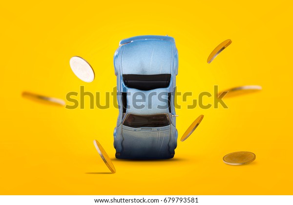 Car accident with damage and gold coins falling\
down and explosion scene, Car crash insurance and lose money.\
Saving, Financial, Installment payment, Safety, Travel, Transport\
and Accident concept.
