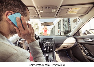 Car Accident. Distracted Driver On The Phone Running Over A Pedestrian. Concept About Transportation And Driving Dangers