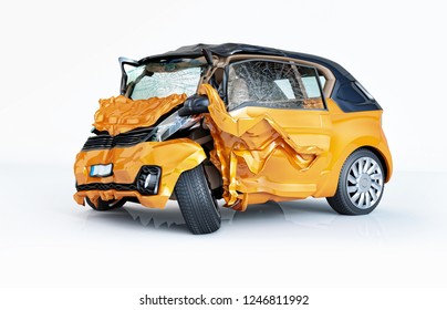 Car Accident. Generic Cars Crashed. Yellow Microcar Heavily Damaged On The Front And Side. Isolated On White Background.