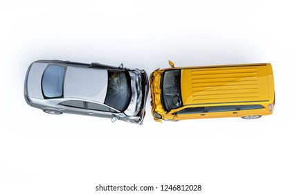 Car Accident. Generic Cars Crashed. A Yellow Van Crashed Against A Silver Sedan. Viewed From The Top. Isolated On White Background.