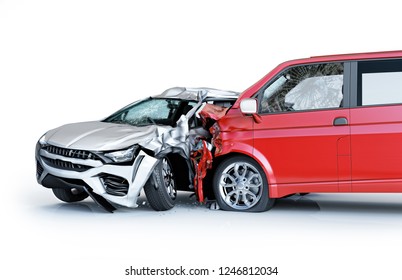 Car Accident. Generic Cars Crashed. A Red Van Crashed Against A Silver Sedan. Isolated On White Background.