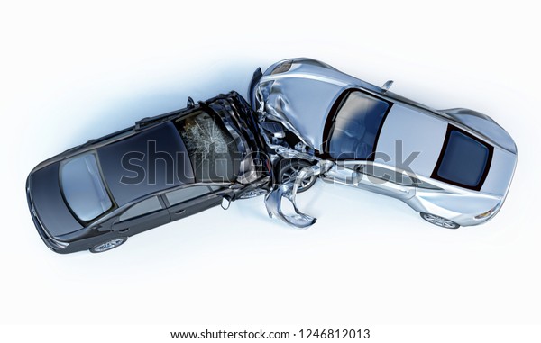 Car accident. Generic cars crashed. Silver\
sport car crashed against a black sedan, viewed from the top.\
Isolated on white\
background.