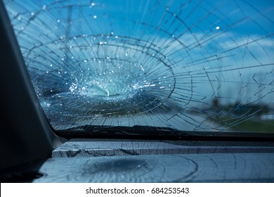 Car Accident. Inside Car Front Safety Glass Car Are Broke. Image For Car,vehicle,transportation,accident Concept 