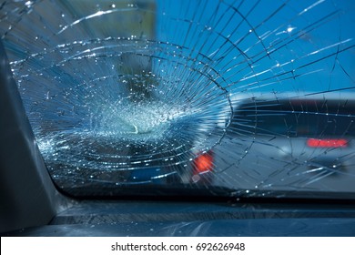 car accident. inside car front safety glass car are broken. image for car,vehicle,transportation,accident concept 