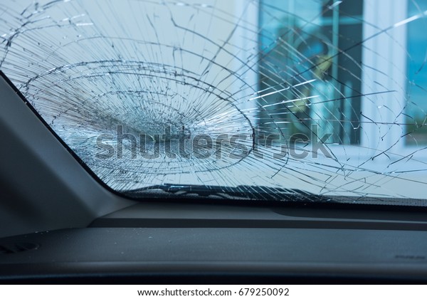 car\
accident. inside car front safety glass car are broken. image for\
car,vehicle,transportation,accident concept\
