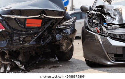 Car accident involving two cars on the road. Car insurance for vehicle. Car crash accident on street. Car involved in a road accident. 