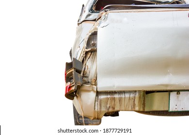 Car Accident Isolated On White Background,car From Being Bumped The Rear Lights,car Bumper Dent And Taillight Broken Collision Crash Damage From Accident , Isolated On White Background