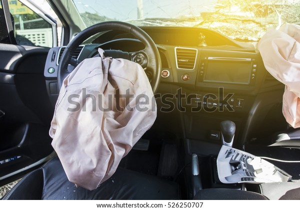 Car\
of accident Make airbag explosion damaged at claim the insurance\
company. Working car repair inspection at damaged of accident.\
Claim the insurance company. image blur focus\
style.