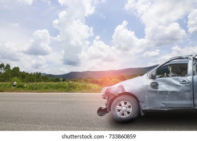 Car of accident make airbags explosion damaged at claim the insurance company. Double exposure car accident and road with mountains. Image adjustment beautiful color and blur focus style. - Shutterstock ID 733860859