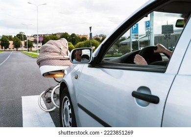 Car Accident On The Crosswalk. Vehicle Hits The Baby Pram At High Speed. Concepts Of Safety, Traffic Code And Insurance.