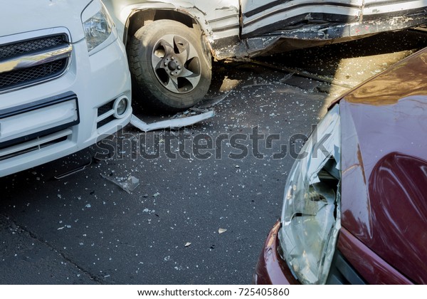 car accident on highway.  traffic accident on\
street, damaged cars after collision in city.  road accident.\
Traffic jam. congestion