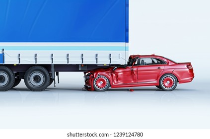 Car Accident. Red Average Car Crashing On Truck From Behind. On White Background. Side View.