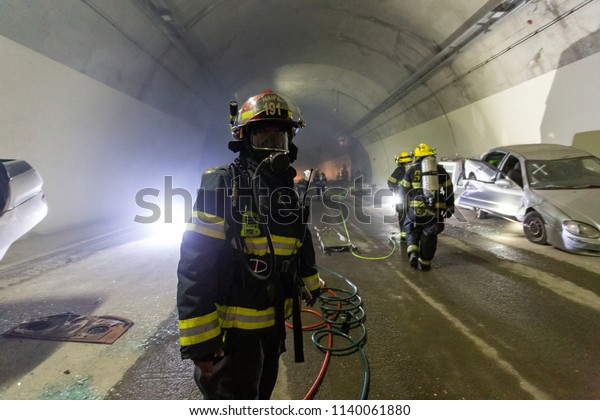 Car Accident Scene Inside Tunnel Firefighters Stock Photo 1140061880 ...