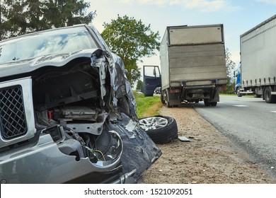 Car After A Collision With A Heavy Truck, Transportation Background