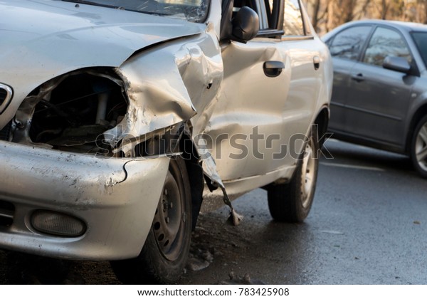 Car after crash,
crashed blue car, accident