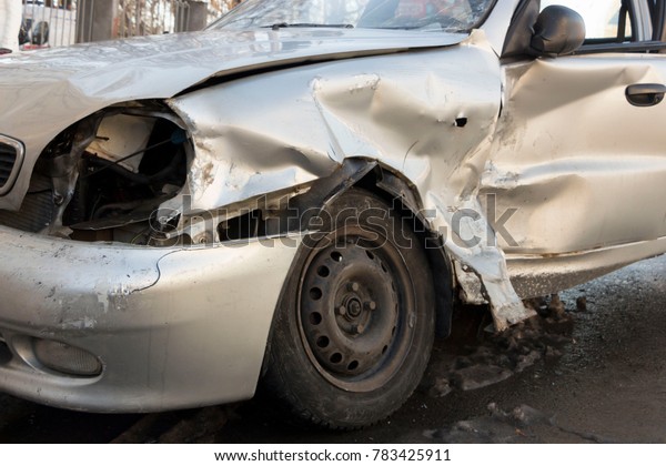 Car after crash,
crashed blue car, accident