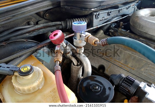 Car air conditioner  service, leak detection,\
fill refrigerant