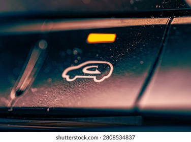 Car Air Recirculation Control Button Close Up, Dashboard HVAC Switch with Amber LED Light in Vehicle Interior