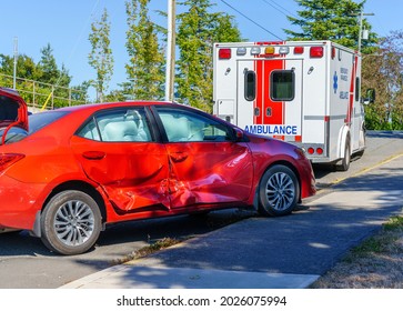 Car Airbags Deployed And Ambulance Arrives On An Accident Scene After Side Collision 