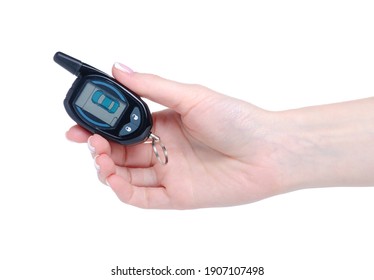 Car Alarm Keychain With Screen In Hand On White Background Isolation