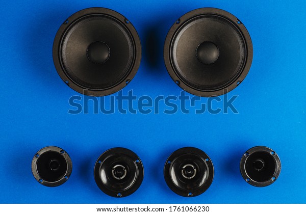 Car audio, car speakers, black subwoofer on a blue\
background. 
