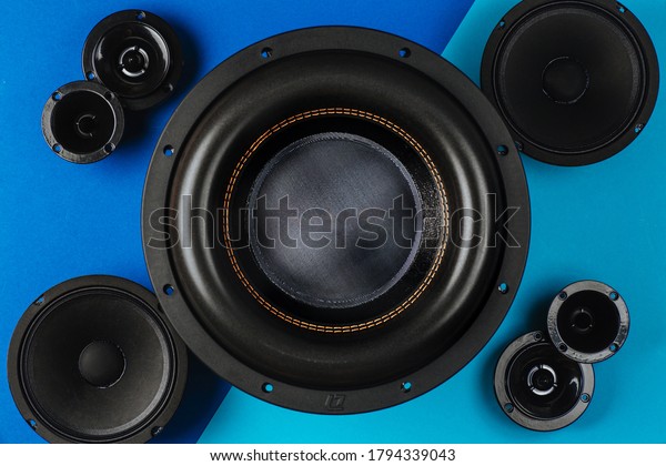 Car audio, car speakers, black\
subwoofer on a blue- light blue background. Close\
up