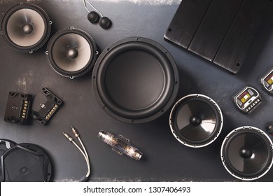 car audio, car speakers, subwoofer and accessories for tuning. Top view