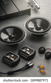 car audio, car speakers, subwoofer and accessories for tuning. Top view.
