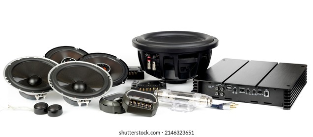 car audio, car speakers, subwoofer and accessories for tuning. solated white background. Banner.