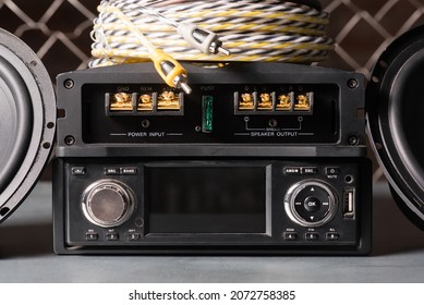 Car Audio Stereo Equipment On The Workbench Background.