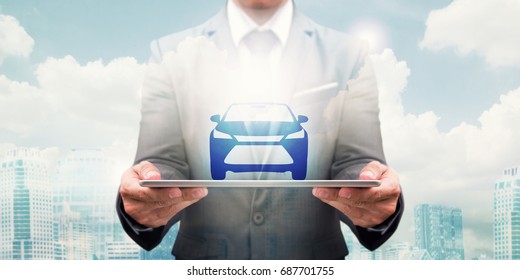 Car Automobile icon on tablet for insurance sale rental financial concept