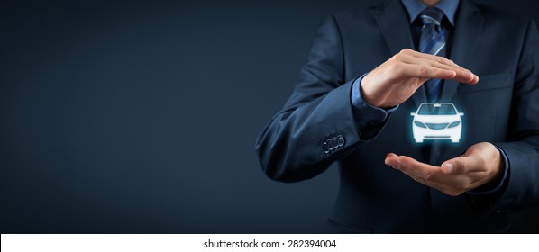 Car (automobile) insurance and collision damage waiver concepts. Businessman with protective gesture and icon of car.  - Powered by Shutterstock