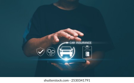 Car (automobile) insurance concepts. Businessman holding smartphone and protective gesture with icon of car insurance, protection, insurance policy checklist, service. - Powered by Shutterstock