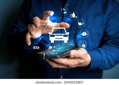 Car (automobile) insurance concepts. Businessman holding smartphone and protective gesture with icon of car insurance, protection, insurance policy checklist, service. - Powered by Shutterstock