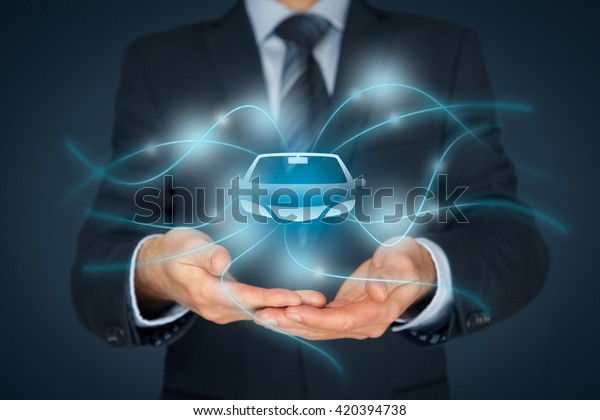 Car (automobile)\
insurance and car services concept. Businessman with offering\
gesture and icon of car.\
