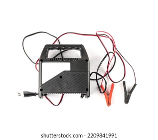 Car Battery Charger Isolated, Recharger Jump Starter, Connection Wire Kit, Automatic Car Battery Charger On White Background