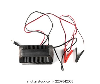 Car Battery Charger Isolated, Recharger Jump Starter, Connection Wire Kit, Automatic Car Battery Charger On White Background