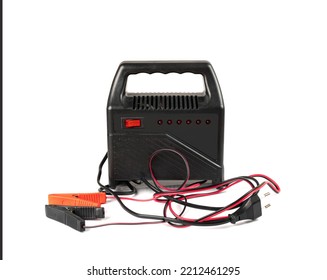 Car Battery Charger Isolated, Recharger Jump Starter, Connection Wire Kit, Automatic Car Battery Charger On White Background