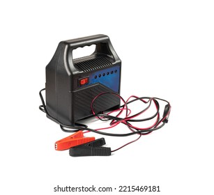 Car Battery Charger Isolated, Recharger Jump Starter, Connection Wire Kit, Automatic Car Battery Charger On White Background