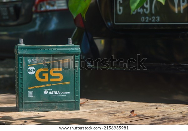 Car battery with\
famous manufacturer\'s label on the table. Tegal, Central Java,\
Indonesia 17 May 2022.