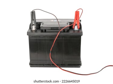 Car battery with two jumper isolated on white without shadow with clipping path