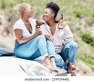 Car, beer and lesbian couple on a road trip love relaxing in nature together in summer drinking alcohol outdoors. Drunk, smile and happy African LGBT girls or women in fun relationship or friendship - Powered by Shutterstock