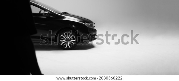 Car body Parts side view. Automotive car parts such as\
window wheel tire headlight side mirror side shots shooting from\
front and rear view in studio. for use in automobile industry. no\
driver. 
