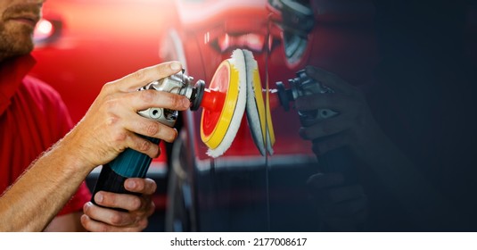 car body repair and detailing workshop. man polishing vehicle paint. copy space - Shutterstock ID 2177008617