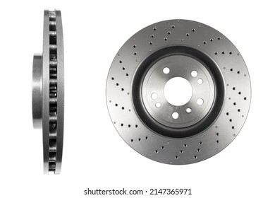 Car brake disc isolated on white background. Auto spare parts. Perforated brake disc rotor isolated on white. Braking ventilated discs. Quality spare parts for car service or maintenance - Shutterstock ID 2147365971