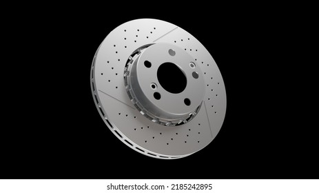 Car brake disc isolated on black background. Auto spare parts. Perforated brake disc rotor isolated on white. Braking ventilated discs. Quality spare parts for car service or maintenance