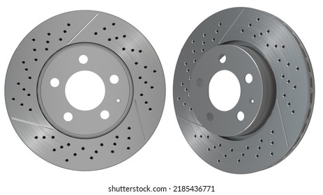 Car brake disc isolated on white background. Auto spare parts. Perforated brake disc rotor isolated on white. Braking ventilated discs. Quality spare parts for car service or maintenance