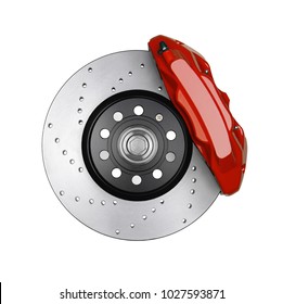 Car Brake Disc And Red Caliper Isolated On White 